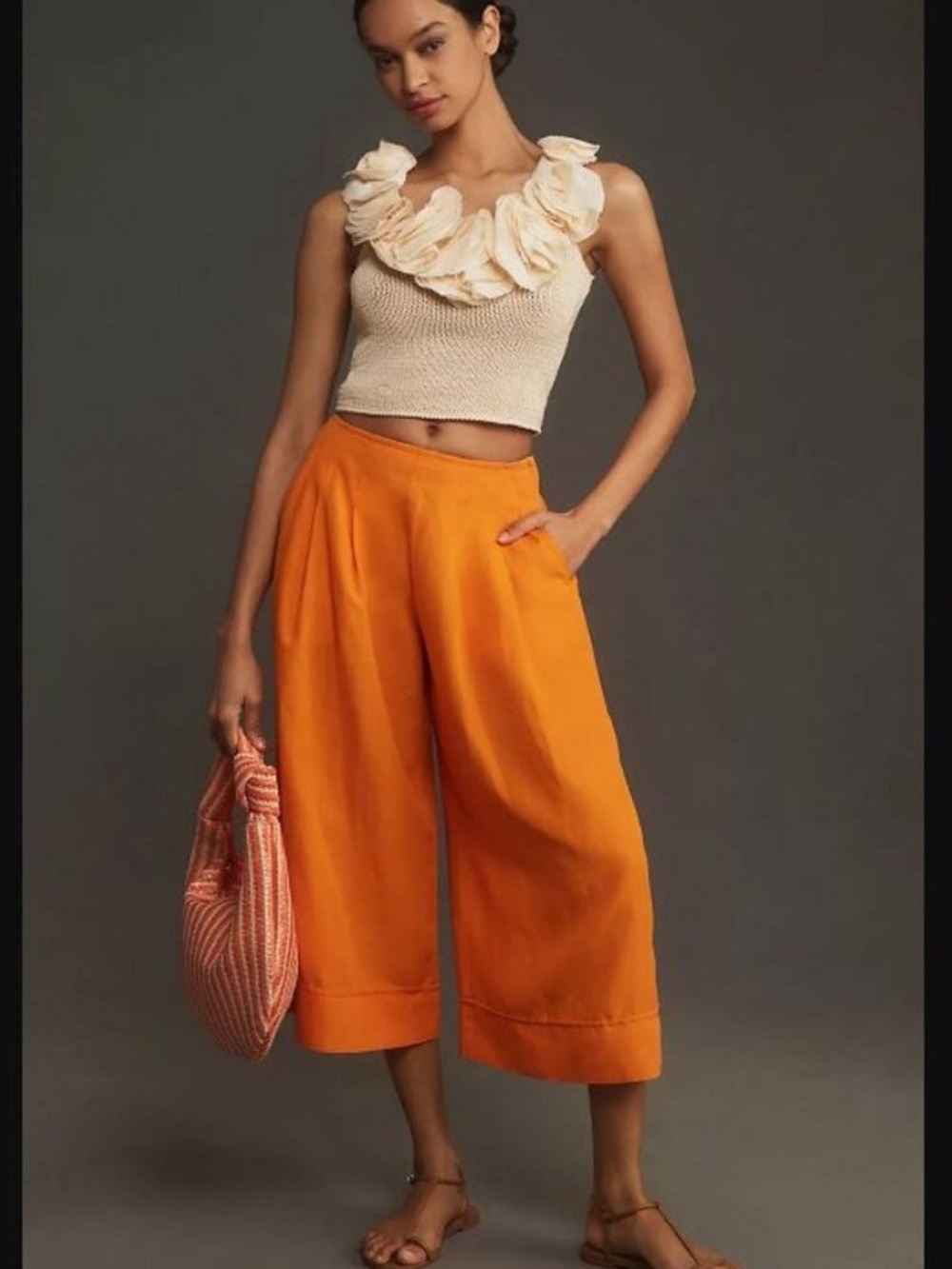 Anthropologie Maeve Linen Pleat-Front Wide-Leg Orange Culottes
